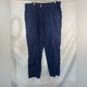 Chicos cargo styled pant in navy blue. One small spot shown in pictures.